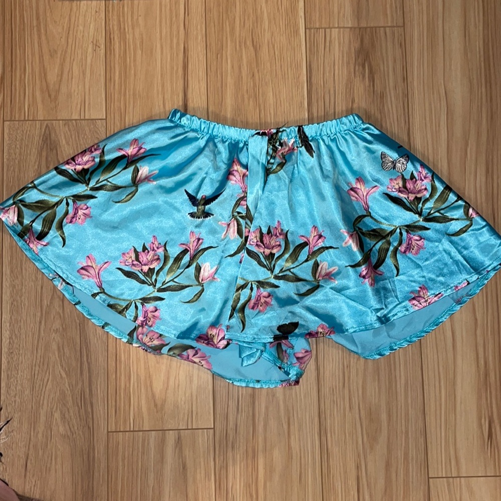 SHEIN Silky Turquoise Blue Floral Pajama Boxer Shorts